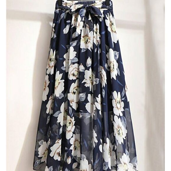 Dresses & Skirts - Navy Floral Tie-Waist Sheer Layer Skirt